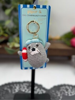 Piper Gray Crocheted Seal Keychain with Light Blue Hat and Red Life Ring